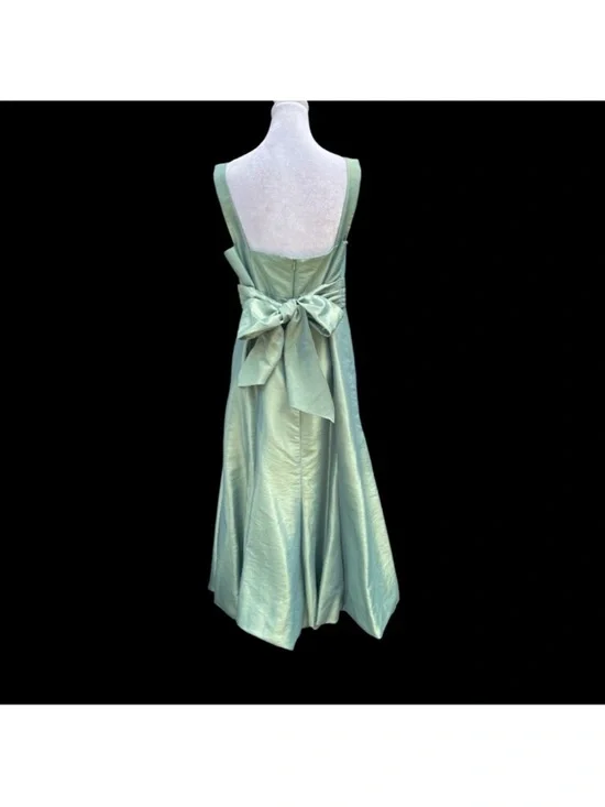 Mint Shimmer Satin Bow Back Midi Dress Vacation Resort Wedding Guest A-Line 12 - Picture 2 of 8